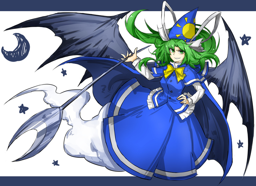 blue_capelet blue_shirt blue_skirt bow cape capelet crescent_moon demon_wings ghost_tail green_eyes green_hair grin hand_on_hip hat hat_ribbon highres kan_(aaaaari35) layered_clothing letterboxed long_hair long_sleeves looking_at_viewer mima moon polearm ribbon shiny shiny_hair shirt simple_background skirt smile solo star touhou touhou_(pc-98) weapon white_background white_shirt wings