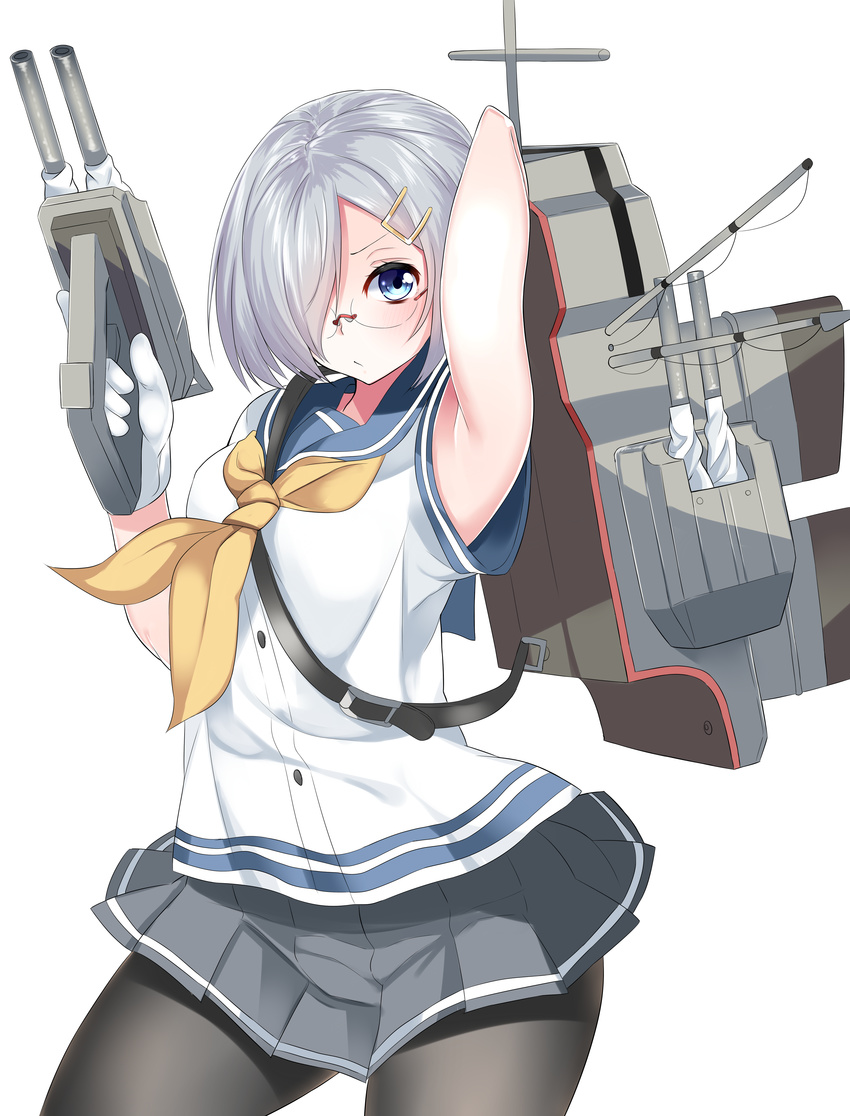 absurdres arm_behind_head armpits bad_id bad_pixiv_id bespectacled black_legwear blue_eyes cannon glasses gloves hair_ornament hair_over_one_eye hairclip hamakaze_(kantai_collection) highres kantai_collection nebusoku neckerchief pantyhose school_uniform serafuku short_hair short_sleeves silver_hair skirt solo turret weapon white_background white_gloves yellow_neckwear