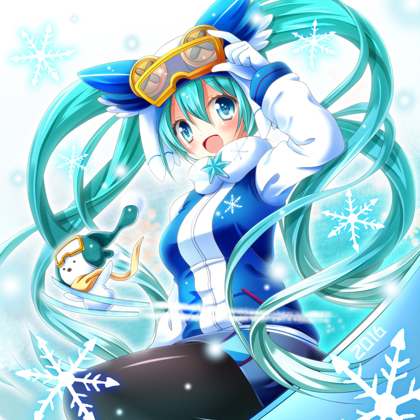 black_legwear blue_eyes blue_hair gloves goggles goggles_on_head hair_ornament hatsune_miku highres long_hair long_sleeves looking_at_viewer open_mouth osashin_(osada) pantyhose shirt skirt smile solo twintails very_long_hair vocaloid white_gloves