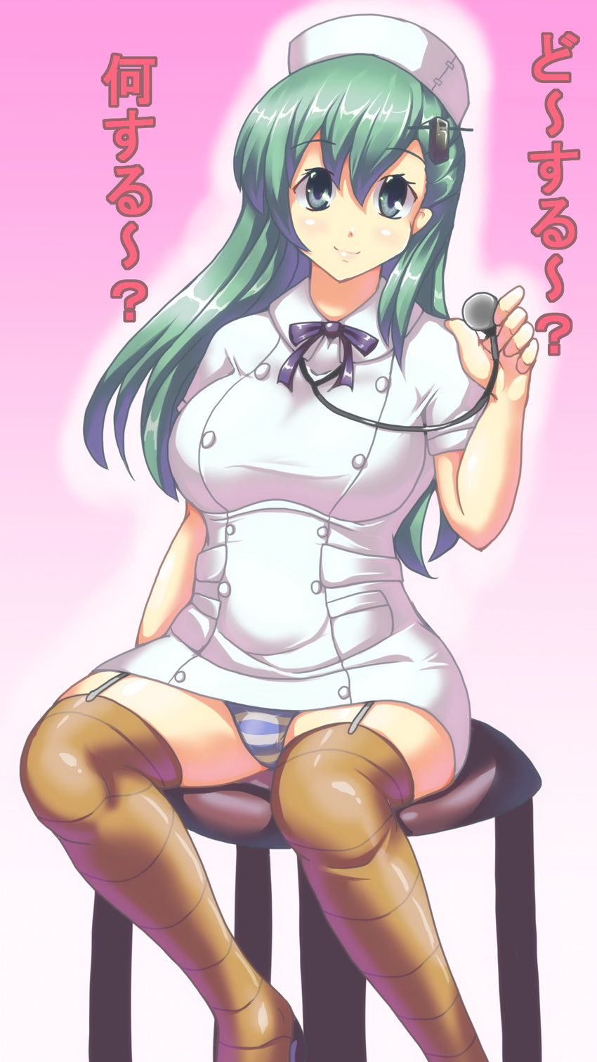 alternate_costume aqua_eyes aqua_hair breasts brown_legwear chair easily hair_ornament hairclip hat highres kantai_collection large_breasts long_hair nurse nurse_cap panties sitting smile solo stethoscope striped striped_panties suzuya_(kantai_collection) thighhighs translation_request underwear