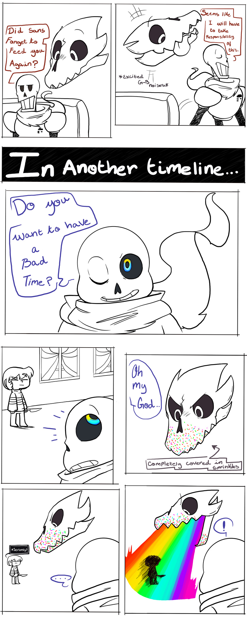 animated_skeleton bluetita bone clothed clothing comic dialogue english_text gaster_blaster human mammal not_furry papyrus_(undertale) protagonist_(undertale) sans_(undertale) scarf skeleton text undead undertale video_games