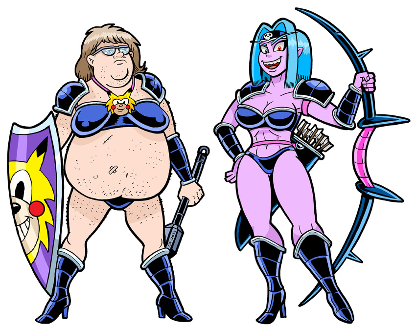 2015 armor arrow black_eyes blue_hair blush bow bra breasts brown_hair chris_chan clothing curtsibling derp_eyes digital_media_(artwork) duo eyebrows eyewear female glasses hair happy headband hedgehog high_heels human humanoid jewelry looking_at_viewer male mammal megaskank_mansion melee_weapon navel necklace nipple_bulge nipples open_mouth orange_eyes parody pink_skin plaster shield skull slightly_chubby smile sonic_(series) sonichu spikes teeth tongue underwear watermark weapon white_sclera wowslut