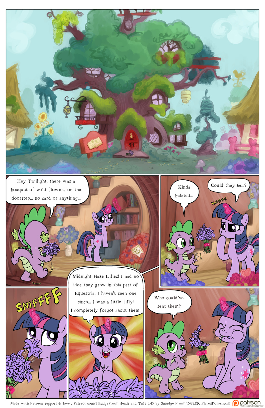 bouquet comic equine flower food friendship_is_magic golden_oaks_library group hay heads_and_tails hi_res horse library mammal midnight_haze_lily my_little_pony patreon plant pollen pony ponyville smudge_proof spike_(mlp) text twilight_sparkle_(mlp)