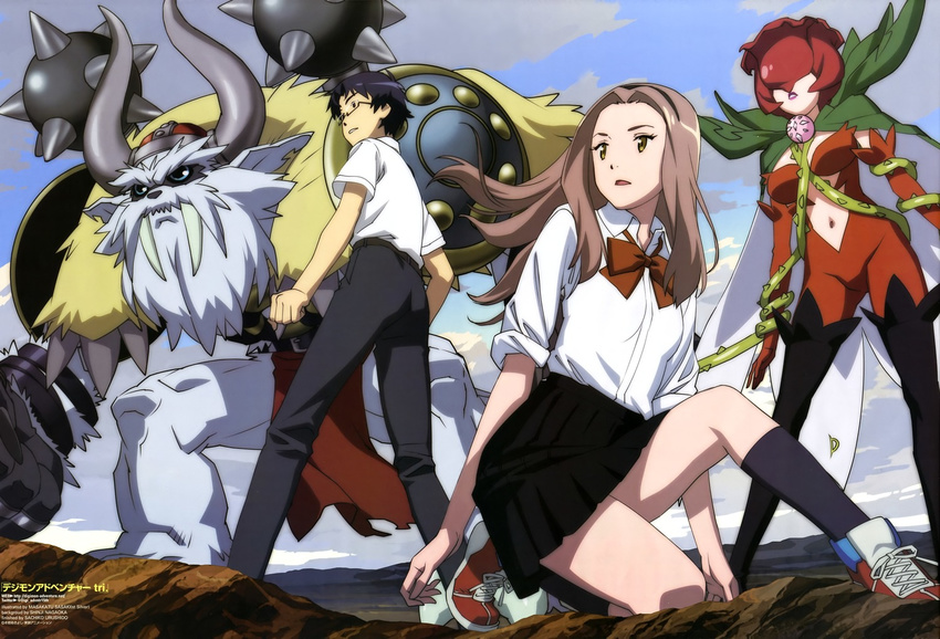 2boys 2girls absurdres bandai breasts cape creature digimon digimon_adventure digimon_adventure_tri. fangs female glasses highres horns kido_jou legs long_hair monster multiple_boys multiple_girls rosemon school_uniform serious shield shoes short_hair skirt sky tachikawa_mimi vikemon wallpaper weapon