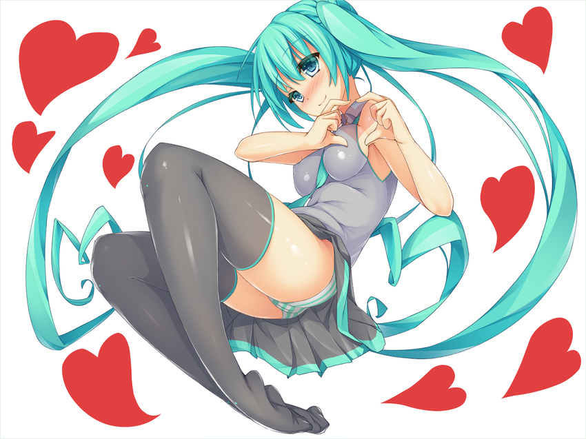 aqua_eyes aqua_hair blush full_body hatsune_miku heart heart_hands highres long_hair necktie panties papino simple_background skirt smile solo striped striped_panties thighhighs twintails underwear very_long_hair vocaloid white_background