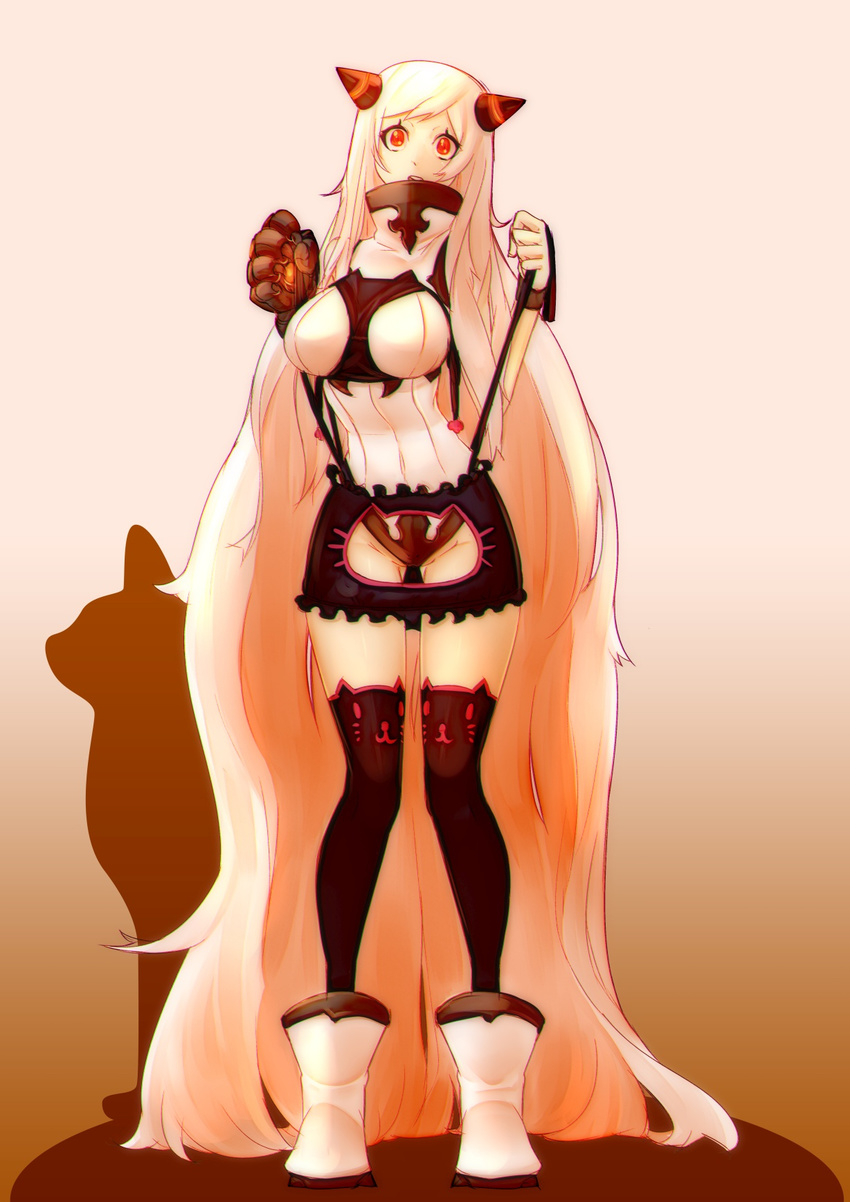 absurdly_long_hair airfield_hime animal_band_legwear ankle_boots ass_visible_through_thighs boots breasts cat_band_legwear cat_cutout cat_lingerie claws collar commentary highres horns kantai_collection large_breasts leotard long_hair looking_at_viewer mechanical_arm meme_attire moeroknight open_mouth orange_eyes pale_skin shinkaisei-kan solo standing teeth thigh_gap thighhighs underwear very_long_hair wardrobe_error white_footwear white_hair white_skin