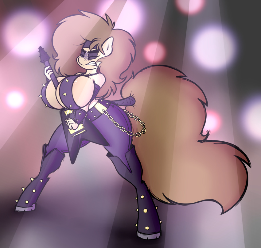 2016 anthro anthrofied big_breasts boots breasts brown_hair chain cleavage clothed clothing equine eyeshadow fan_character female footwear guitar hair hellen_lockheart horse makeup mammal musical_instrument my_little_pony pony solo spikes stunnerpony tail_wrap wraps