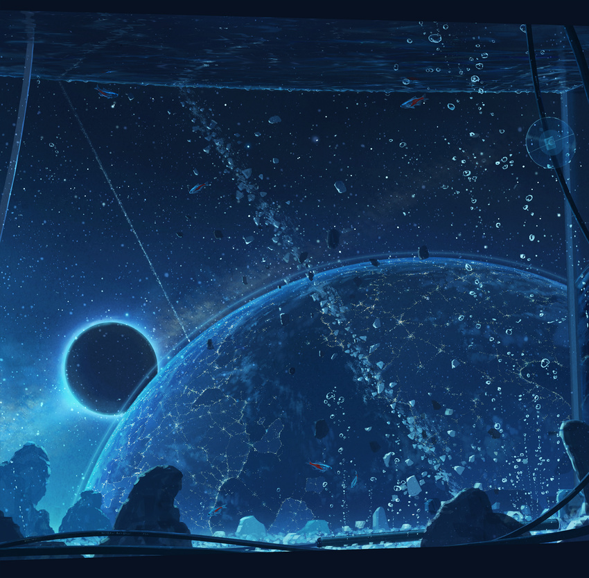 animal aquarium blue bubble city_lights cola_(gotouryouta) commentary_request debris earth faucet fish fish_tank glass highres moon no_humans original planet rock scenery space suction_cups tube water