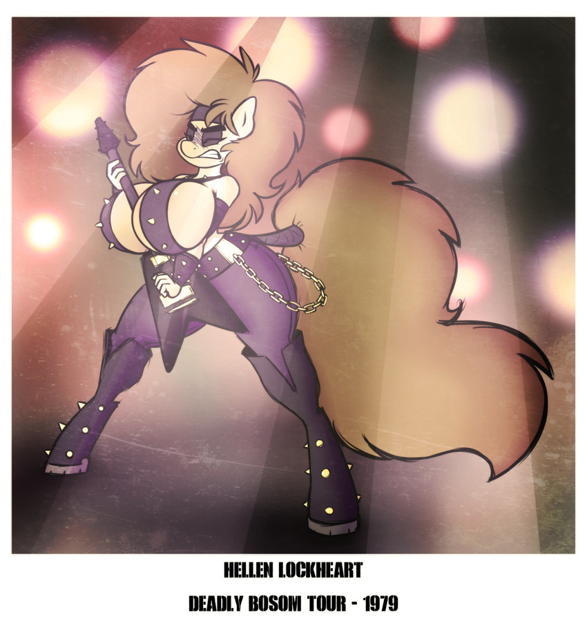 2016 anthro anthrofied big_breasts boots breasts brown_hair chain cleavage clothed clothing equine eyeshadow fan_character female footwear guitar hair hellen_lockheart horse makeup mammal musical_instrument my_little_pony polaroid pony solo spikes stunnerpony tail_wrap wraps