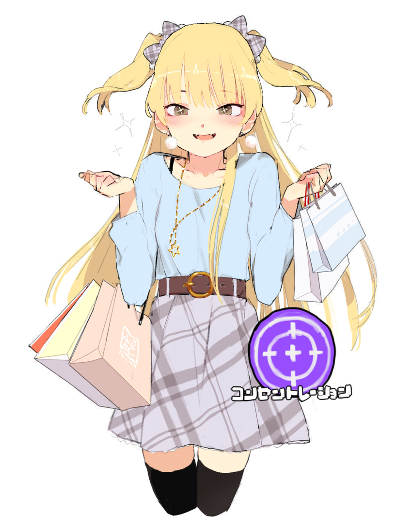 +_+ 1girl arms_up bag bangs belt black_legwear blonde_hair blue_shirt blush bow brown_eyes checkered checkered_bow commentary_request grey_skirt hageshii_nakano hair_bow highres idolmaster idolmaster_cinderella_girls jewelry jougasaki_rika long_sleeves necklace open_mouth paper_bag shirt shopping_bag simple_background skirt solo stand star star_necklace thighhighs two_side_up white_background