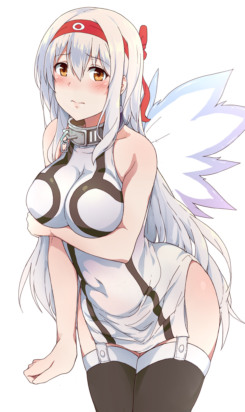 3: alternate_costume angel_wings arched_back bare_shoulders black_legwear blush breasts chain collar commentary_request cosplay covered_navel dress garter_straps hair_between_eyes hairband highres kantai_collection large_breasts long_hair nomizu_iori nymph_(sora_no_otoshimono) nymph_(sora_no_otoshimono)_(cosplay) seiyuu_connection short_dress shoukaku_(kantai_collection) simple_background solo sora_no_otoshimono suisen_toire_(moko924) thighhighs white_background white_hair wings