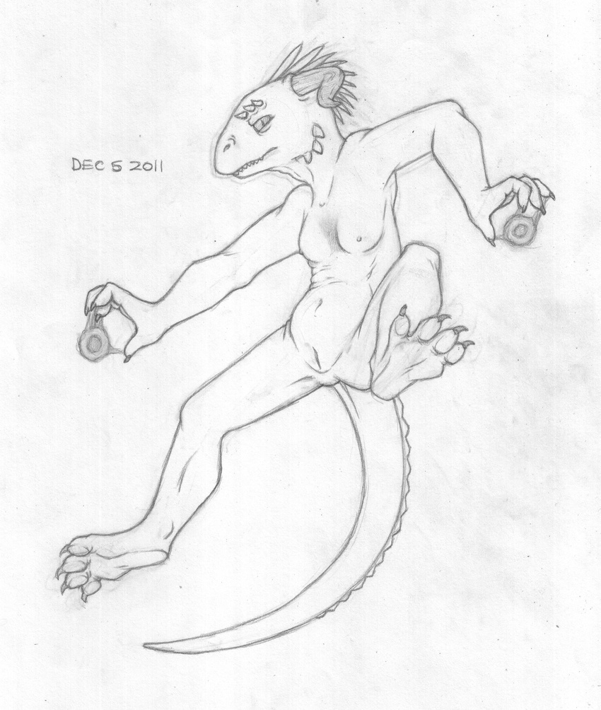 2011 action_pose anthro argonian barefoot breasts female greyscale hi_res horn jumping long_tail looking_at_viewer low-angle_view magic_user mizzyam monochrome nipples nude pencil_(artwork) pussy scalie simple_background solo spread_legs spreading the_elder_scrolls traditional_media_(artwork) video_games white_background