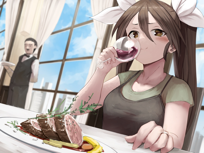 alcohol alternate_costume blue_sky brown_eyes brown_hair casual cloud commentary_request cup drinking drinking_glass dutch_angle food hair_between_eyes hair_ribbon highres honmakaina_kudou kantai_collection long_hair meat ribbon sky tone_(kancolle) twintails upper_body waiter window wine wine_glass