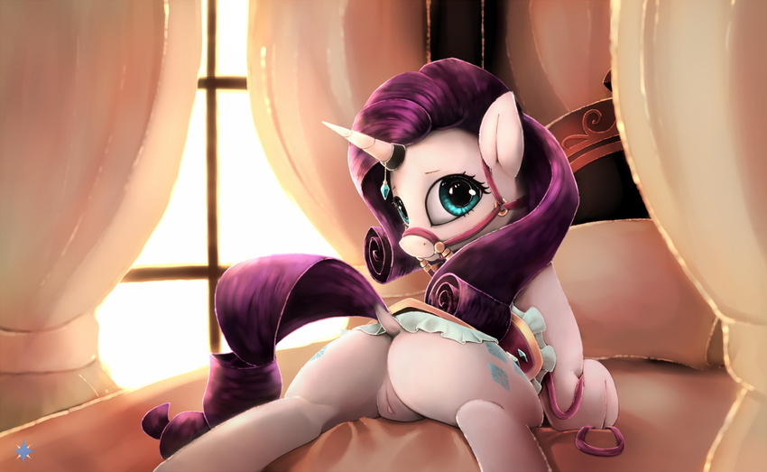 2016 bed cutie_mark dock edit equine female feral friendship_is_magic hair hi_res horn inside looking_at_viewer mammal my_little_pony noctilucent-arts on_bed pillow purple_hair pussy rarity_(mlp) saddle solo unicorn