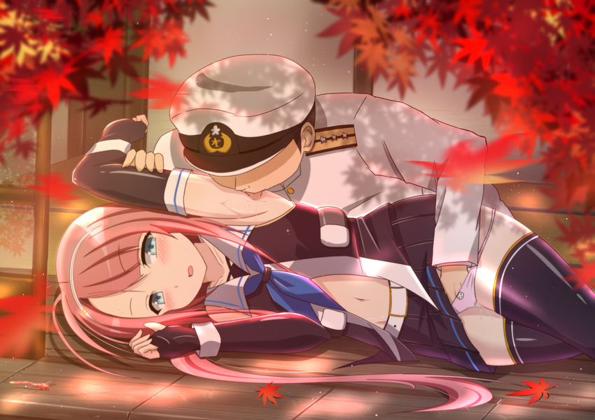 1girl :p admiral_(kantai_collection) aqua_eyes arm_up armpit_licking armpits autumn belt black_gloves black_skirt blue_ribbon blurry buckle bug building collarbone dappled_sunlight depth_of_field dragonfly elbow_gloves falling_leaves fingering fingerless_gloves gloves half-closed_eyes hand_in_panties hat hetero house insect kantai_collection kawakaze_(kantai_collection) kuroame_(kurinohana) leaf licking long_hair long_sleeves lying midriff military military_uniform naval_uniform navel neckerchief on_side outdoors panties peaked_cap pillar pink_panties pussy_juice red_hair ribbon saliva skirt skirt_lift star stomach sunlight tatami thigh_gap thighhighs tongue tongue_out underwear uniform upskirt very_long_hair wings wooden_floor wrist_cuffs
