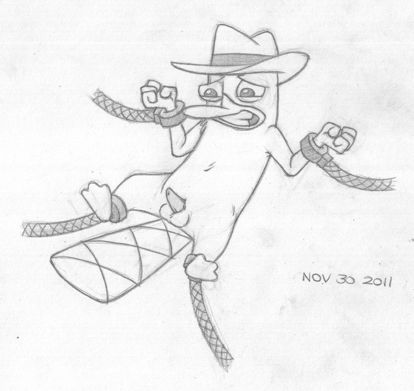 2011 animal_genitalia animal_penis anthro balls barefoot bound clenched_teeth erection fedora fully_bound greyscale hat hi_res lying male mammal mizzyam monochrome monotreme mostly_nude nervous on_back pencil_(artwork) penis perry_the_platypus phineas_and_ferb platypus sheath simple_background solo spread_eagle tapering_penis teeth traditional_media_(artwork) white_background