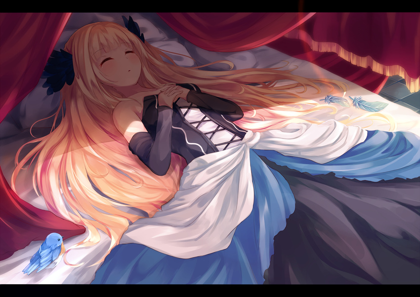 bed bird black_dress blonde_hair canopy_bed closed_eyes detached_sleeves dress feathers gwendolyn hair_ornament hands_on_own_chest highres igakusei interlocked_fingers long_hair long_sleeves lying odin_sphere on_back on_bed sash sleeping solo very_long_hair