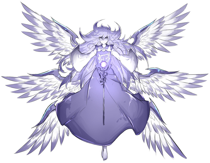 angel angel_wings barefoot blue blue_dress blue_eyes blue_hair dress full_body highres kan_(aaaaari35) layered_dress long_hair long_sleeves looking_at_viewer multiple_wings outstretched_arms pale_skin sariel seraph shiny shiny_hair simple_background sleeveless sleeveless_dress smile solo toes touhou touhou_(pc-98) very_long_hair white_background white_dress wide_sleeves wings