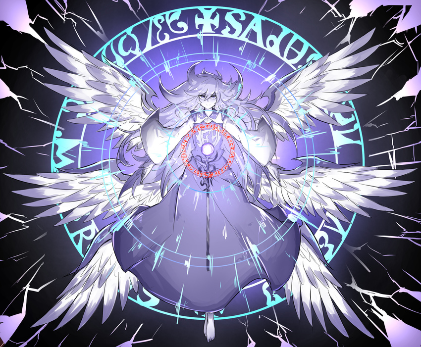 angel angel_wings barefoot black_background blue blue_dress blue_eyes blue_hair dress energy highly_responsive_to_prayers highres kan_(aaaaari35) layered_dress long_hair long_sleeves looking_at_viewer magic_circle multiple_wings outstretched_arms pale_skin sariel seraph shiny shiny_hair sleeveless sleeveless_dress smile solo toes touhou touhou_(pc-98) very_long_hair white_dress wide_sleeves wings