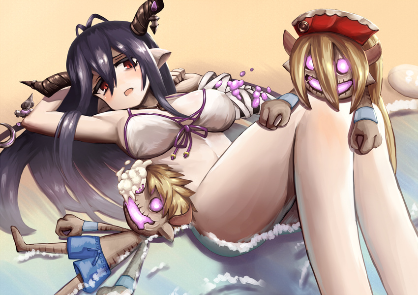 antenna_hair bags_under_eyes bandaged_arm bandages bangs beach blush breasts covered_nipples dakunesu danua doll draph front-tie_bikini front-tie_top granblue_fantasy gretel_(granblue_fantasy) hair_between_eyes hansel_(granblue_fantasy) horns large_breasts long_hair lying midriff on_back open_mouth outdoors pale_skin red_eyes sand_dollar solo stuffed_toy water