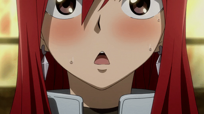 1girl animated animated_gif blush close-up erza_scarlet fairy_tail long_hair open_mouth pov red_hair solo stare sweat_beads triangle_mouth wedding_dress