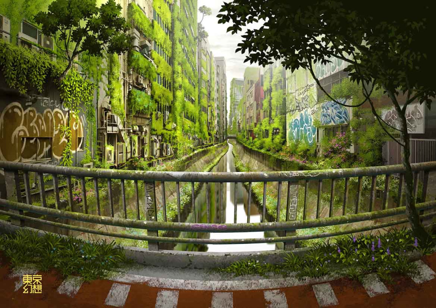 air_conditioner artist_name canal commentary_request day fantasy fisheye graffiti grass grey_sky huge_filesize moss no_humans original outdoors overgrown plant post-apocalypse railing real_world_location reflection ruins scenery tokyo_(city) tokyogenso tree water watermark