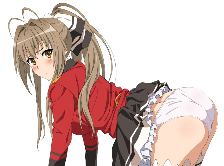 all_fours amagi_brilliant_park antenna_hair ass back bangs black_skirt blazer blush breasts cowboy_shot duplicate embarrassed frills from_side frown grey_hair hair_intakes hair_ribbon high_ponytail highres jacket jpeg_artifacts long_hair long_ponytail long_sleeves looking_at_viewer looking_back mokke_(mokke99) panties petticoat pleated_skirt ponytail raised_eyebrows ribbon sento_isuzu sidelocks simple_background skirt skirt_lift solo split_ponytail striped sweatdrop thighhighs underwear uniform white_background white_legwear white_panties yellow_eyes