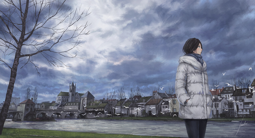 anbe_yoshirou bare_tree bird black_hair bridge church city cloud coat commentary cowboy_shot day france grass hands_in_pockets highres house looking_away original real_world_location river scarf scenery short_hair signature sky solo tree watermill winter winter_clothes