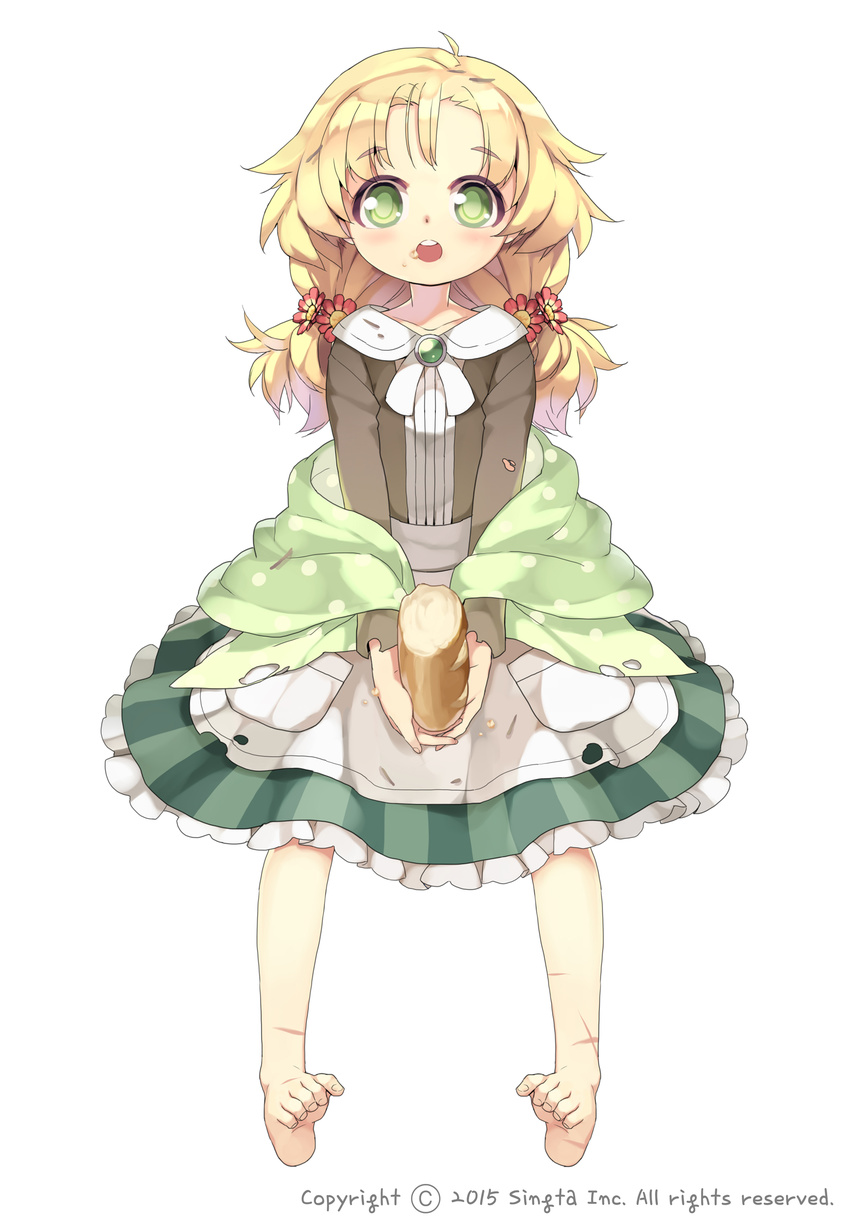 apron barefoot blonde_hair bread dress eating feet flower food full_body green_eyes hair_flower hair_ornament highres karpin long_hair original scar simple_background solo toes twintails white_background