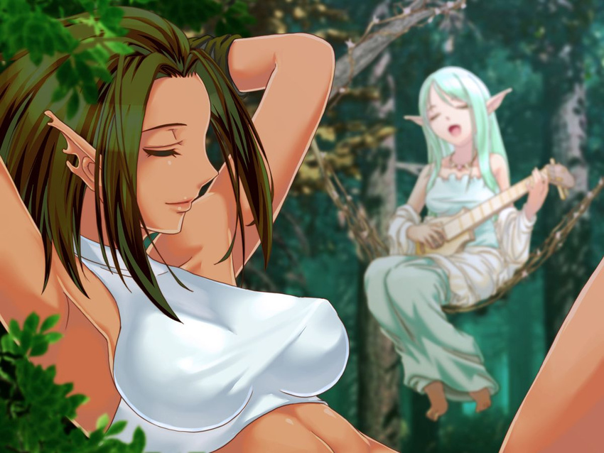 arms_behind_head blue_hair breasts brown_hair elf eyes_closed female forest hammock hechikanism instrument lute_(instrument) multiple_girls nature necklace open_mouth peaceful pointy_ears robe singing sleeping smile vines