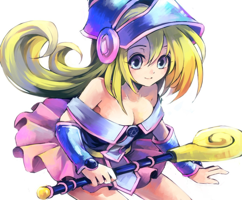 1girl 74_(teduka) bare_shoulders blonde_hair breasts dark_magician_girl duel_monster duplicate female hat highres large_breasts long_hair magical_girl skirt smile solo wand wizard_hat yu-gi-oh! yuu-gi-ou_duel_monsters