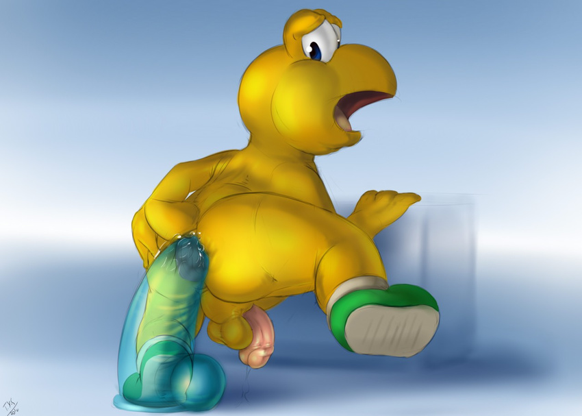 anus backsack balls butt circumcised clothing dildo dildo_sitting flaccid footwear gaping gaping_anus koopa looking_back male mario_bros mostly_nude nintendo one_leg_up open_mouth penetration penis perineum rear_view reptile scalie sex_toy seyrmo shell-less shoes signature solo translucent_dildo translucent_sex_toy turtle video_games