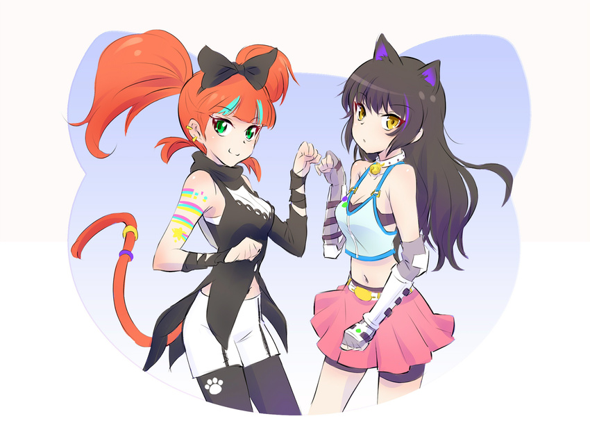 animal_ears bell bell_collar black_hair blake_belladonna bow bra breasts cat_ears cat_tail cleavage collar cosplay costume_switch earrings fingerless_gloves gloves green_eyes hair_bow highres iesupa jewelry medium_breasts miniskirt multicolored_hair multiple_girls navel neon_katt orange_hair rwby shorts shorts_under_skirt skirt smile streaked_hair tail tail_ring twintails underwear yellow_eyes