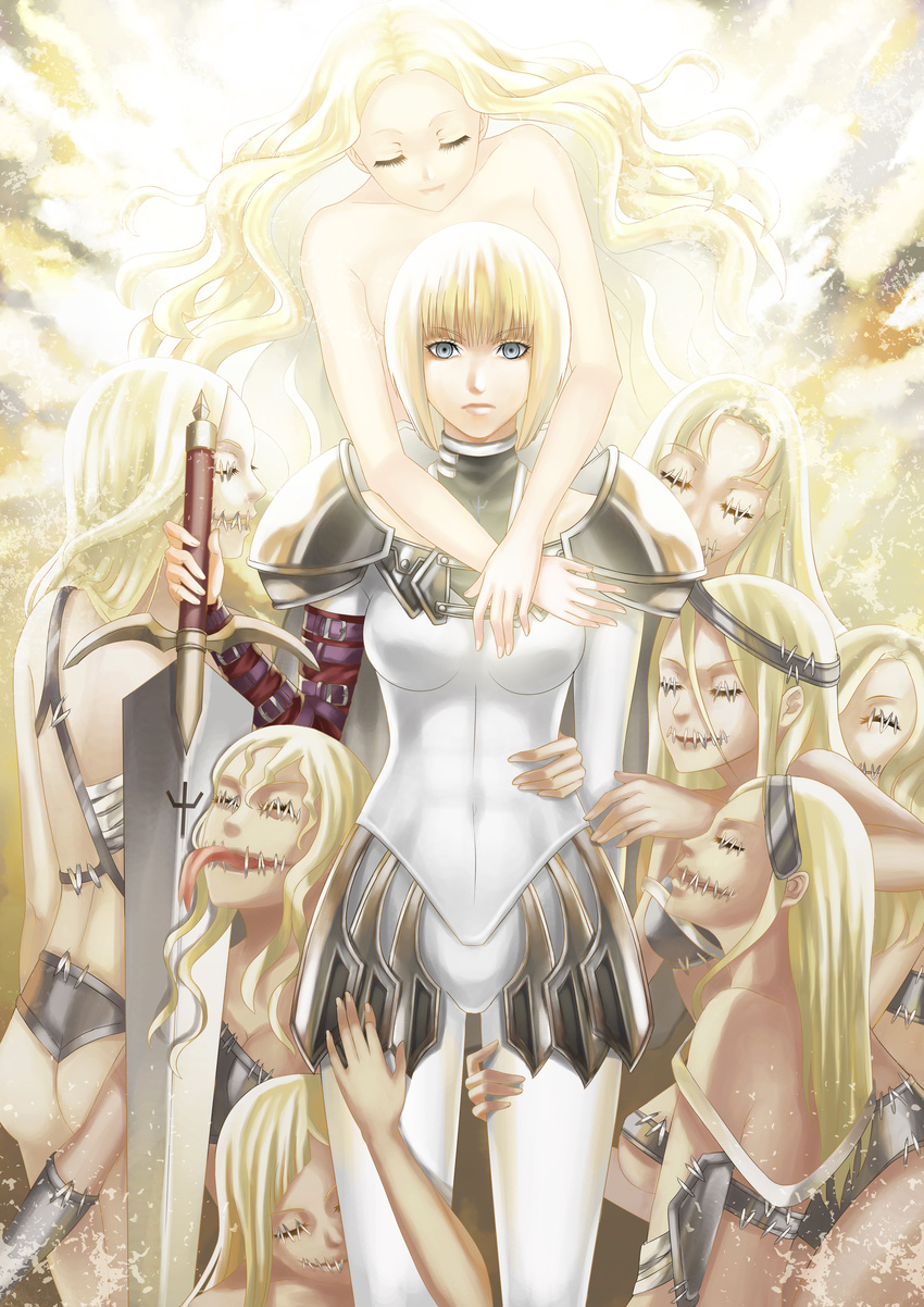 absurdres armor blonde_hair cape clare_(claymore) claymore claymore_(sword) covered_navel highres multiple_girls short_hair silver_eyes solo_focus stitches sword teresa_(claymore) weapon yoneyu