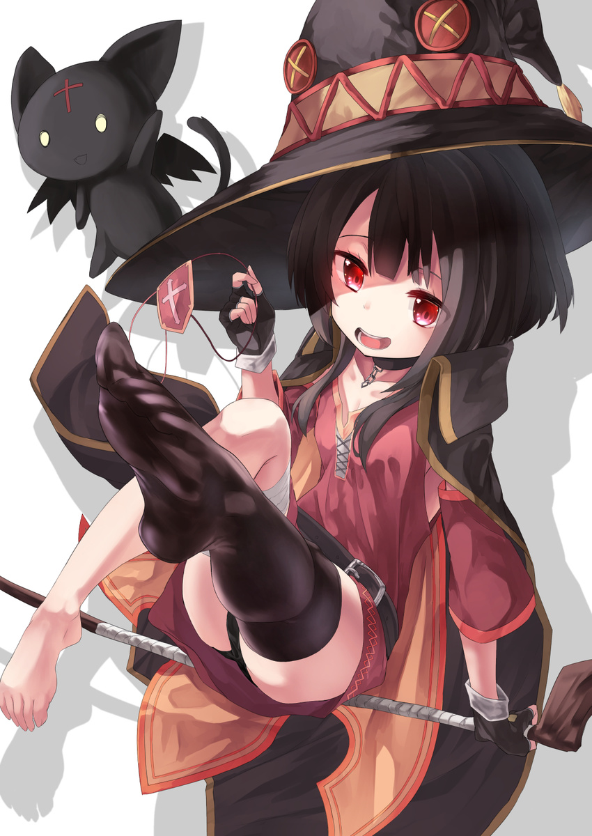 :d arm_support bandaged_leg bandages bangs barefoot belt black_cat black_gloves black_hair black_legwear black_panties blush breasts cape cat chain chomusuke collar cross-laced_clothes detached_sleeves dress eyepatch eyepatch_removed feet fingerless_gloves flying from_above gloves hat highres holding kono_subarashii_sekai_ni_shukufuku_wo! leg_up megumin no_shoes open_mouth panties red_dress red_eyes riding saraki short_hair sidesaddle single_thighhigh sitting sitting_on_object small_breasts smile staff thighhighs toes underwear upskirt white_background witch_hat