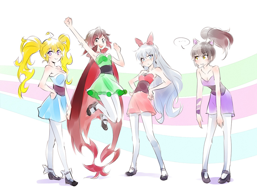 4girls alternate_hairstyle animal_ears black_hair blake_belladonna blonde_hair blossom_(ppg) blossom_(ppg)_(cosplay) blue_eyes blush bow brown_hair bubbles_(ppg) bubbles_(ppg)_(cosplay) bunny_(ppg) bunny_(ppg)_(cosplay) buttercup_(ppg) buttercup_(ppg)_(cosplay) cat_ears cosplay earrings facial_scar gradient_hair hair_bow highres iesupa jewelry jumping multicolored_hair multiple_girls necklace pantyhose powerpuff_girls purple_eyes red_hair ruby_rose rwby scar silver_eyes silver_hair skirt twintails weiss_schnee yang_xiao_long yellow_eyes