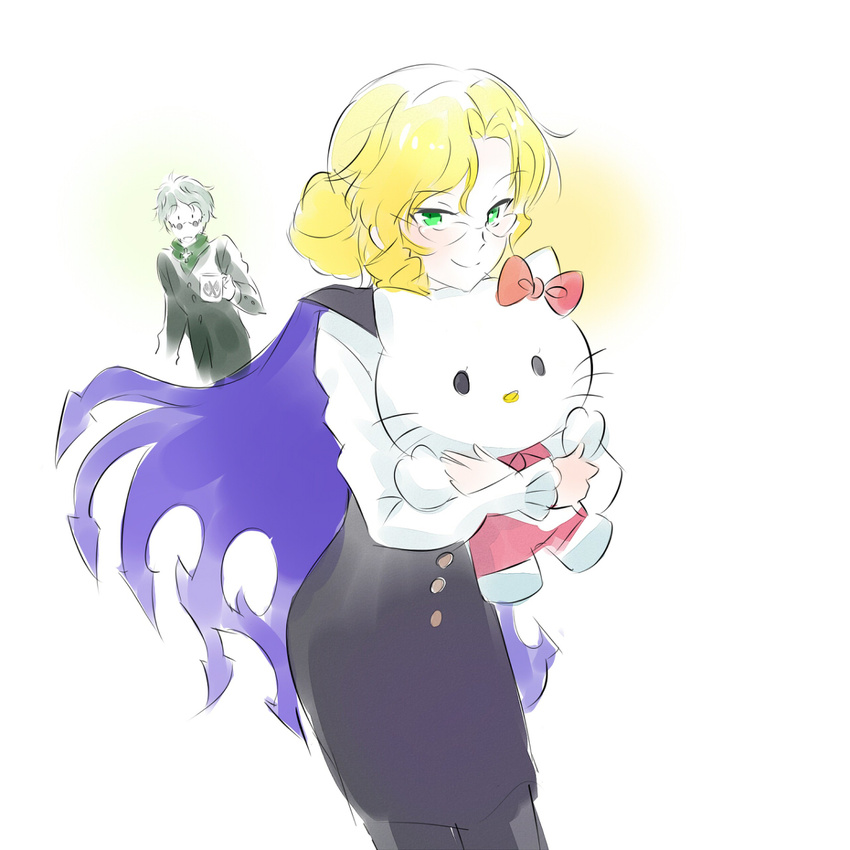 1boy 1girl blonde_hair doll glasses glynda_goodwitch hello_kitty hug iesupa pixiv_manga_sample professor_ozpin rwby smile white_hair