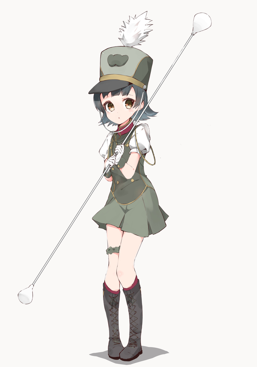 :o alternate_costume arare_(kantai_collection) black_hair blush boots brown_eyes cosplay cross-laced_footwear full_body gloves hat highres kantai_collection lace-up_boots leg_garter looking_at_viewer marching_band_baton ooyama_imo short_hair simple_background skirt solo wanda_(wonder_festival) wanda_(wonder_festival)_(cosplay) white_background white_gloves wonder_festival_mascots