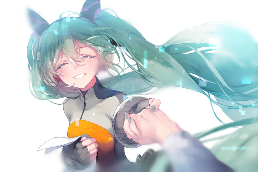 1girl ahoge aqua_nails blurry comet_(artist) crying eyes_closed female fingerless_gloves flowing_hair gloves hand_holding hatsune_miku headphones holding_paper long_hair long_sleeves nail_polish open_mouth paper pixels small_breasts smile solo teal_hair teeth twintails vocaloid waist wind