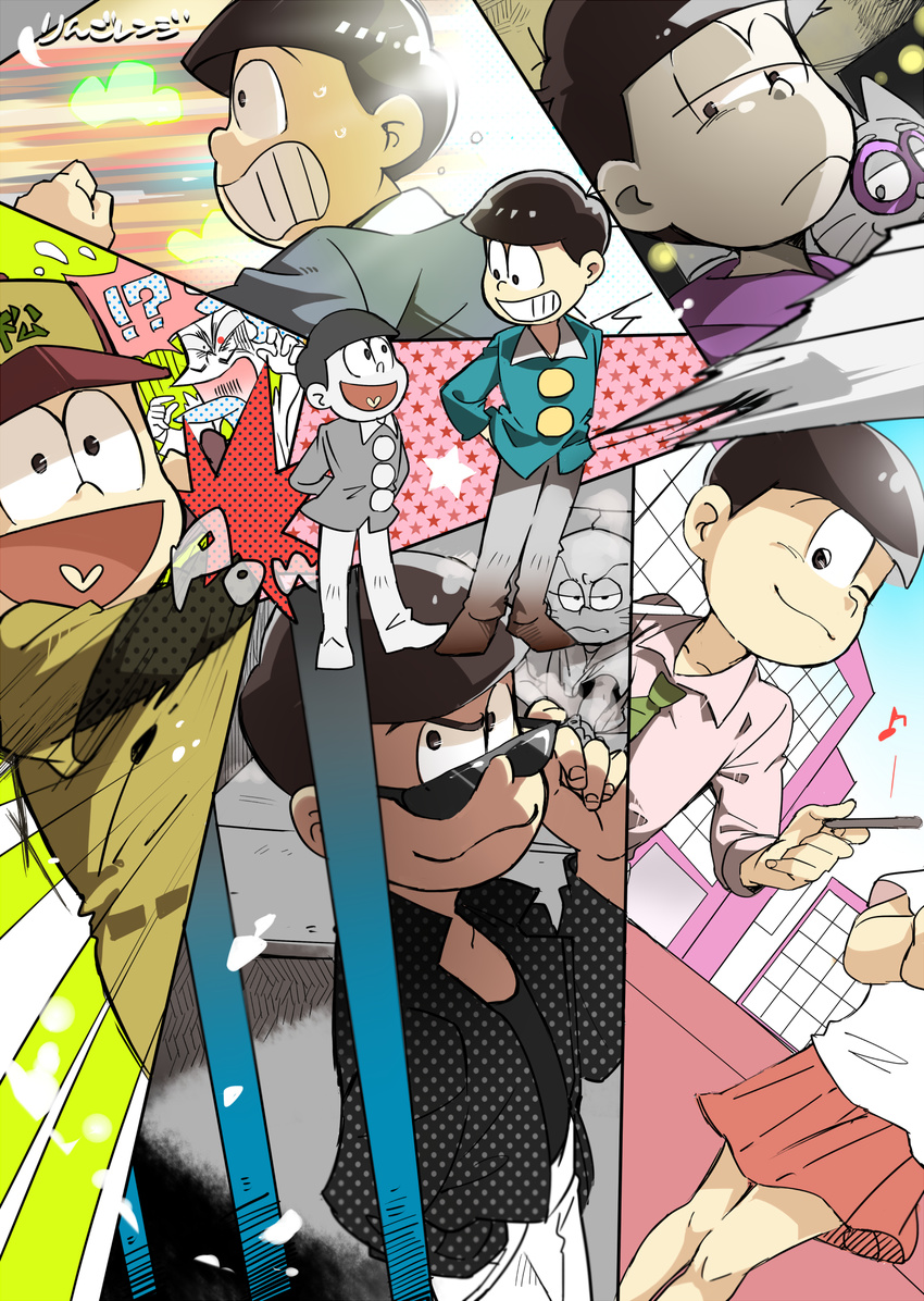 1girl 6+boys baseball_uniform black_hair bowl_cut brothers buck_teeth cat chibita child dual_persona eighth_note esper_nyanko glasses highres hood hoodie iyami male_focus matsuno_choromatsu matsuno_ichimatsu matsuno_juushimatsu matsuno_karamatsu matsuno_osomatsu matsuno_todomatsu messy_hair monochrome multiple_boys musical_note osomatsu-kun osomatsu-san out_of_frame paneled_background poster ringorenji sextuplets siblings sportswear spot_color sunglasses time_paradox