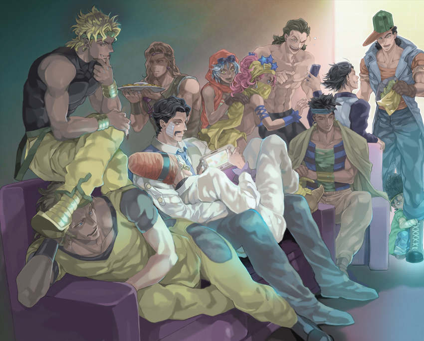6+boys abs black_hair blonde_hair blue_eyes boingo boots breasts brothers brown_gloves brown_hair cellphone closed_eyes collarbone controller daniel_d'arby dio_brando earrings eyewear_on_head facial_hair facial_mark fangs frown game_console game_controller gloves grin hair_ornament hairband hat head_rest hiding hol_horse hood jewelry jojo_no_kimyou_na_bouken kakipiinu light long_hair lying_on_lap mariah medium_breasts midler multiple_boys multiple_girls muscle mustache n'doul oingo open_mouth orange_hair phone pink_hair pointy_shoes rubber_soul scarf shirtless shoes siblings sideboob silver_hair smartphone smile star star_hair_ornament stardust_crusaders steely_dan sunglasses tank_top tattoo terence_trent_d'arby tray vanilla_ice visor_cap wii_u wrist_cuffs yellow_eyes