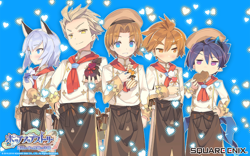 alvin_granford animal_ears apron blade_(galaxist) blue_eyes blush brown_eyes brown_hair cat_ears catboy chef chef_uniform cookie copyright_name dated demon_horns demon_tail eyebrows food forked_eyebrows hat heart highres horns ledo_vassar light_brown_hair low_wings male_focus mikhail_lancelot multiple_boys official_art pop-up_story purple_eyes selim_spark silver_hair smile tail waist_apron watermark white_day wings yellow_eyes ziz_glover
