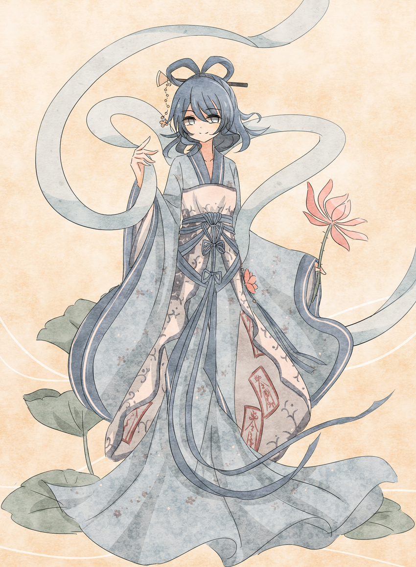 aaaabo absurdres adapted_costume blue_eyes blue_hair chinese_clothes flower hagoromo hair_ornament hair_rings hairpin hanfu highres holding kaku_seiga long_sleeves looking_at_viewer shawl short_hair smile solo touhou wide_sleeves