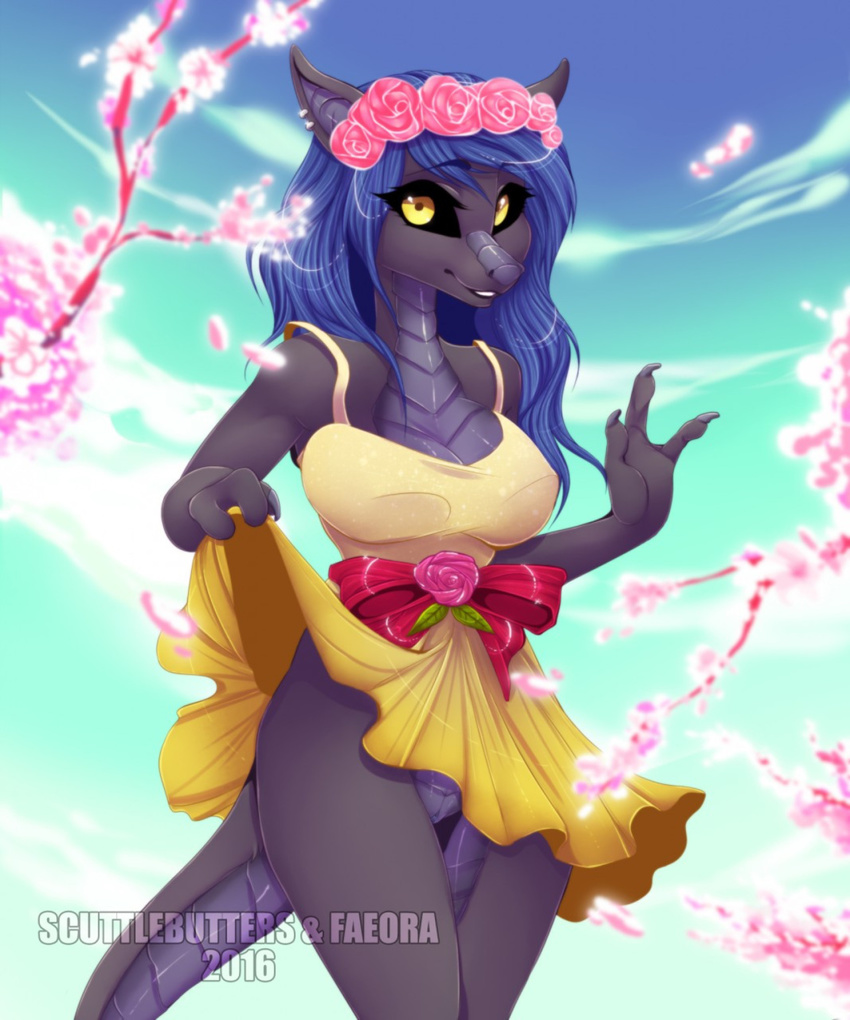 2016 3_fingers anthro belly_scales big_breasts black_sclera blue_hair blue_sky bow breasts cherry_blossom cleavage clothed clothing clothing_lift cloud collaboration digital_media_(artwork) dragon dress dress_lift eyelashes faeora female flower flower_in_hair front_view grey_scales hair long_hair looking_at_viewer low-angle_view no_underwear outside plant portrait pussy ribbons rose scales scalie scuttlebutters short_dress side_view skirt skirt_lift sky smile solo standing sya'rid teasing teeth three-quarter_portrait three-quarter_view tyrii_ta'lana yellow_bottomwear yellow_eyes yellow_topwear