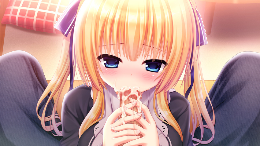 1boy 1girl artist_request blonde_hair blue_eyes blush censored character_request cum cum_in_mouth fellatio game_cg hair_ribbon looking_at_viewer madosoft mosaic_censoring oral pov ribbon sakuragi_roofolet_ashe source_request wagamama_high_spec