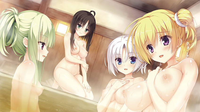 ahoge bangs barefoot bath bathing black_hair blonde_hair blue_eyes blunt_bangs blush breasts game_cg green_eyes green_hair hand_on_own_chest hitachi_mako indoors kneeling kobuichi large_breasts lena_liechtenauer long_hair multiple_girls murasame_(senren) muririn navel nipples nude open_mouth purple_eyes senren_banka short_hair side_bun silver_hair small_breasts smile steam stool tied_hair tomotake_yoshino wet wooden_bathtub wooden_stool wooden_wall