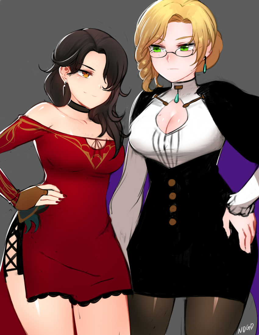 2girls bare_shoulders black_hair blonde_hair breasts bridal_gauntlets brown_eyes brown_hair cape cinder_fall cleavage cleavage_cutout dress earrings glasses glynda_goodwitch green_eyes highres jewelry large_breasts long_hair multiple_girls nail_polish ndgd_(bean1215) pantyhose red_dress rwby shiny shiny_skin side_slit thigh_gap thighs yellow_eyes