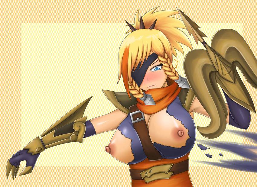 alternate_costume arm_guards arrow assisted_exposure between_breasts blonde_hair blue_eyes blush bow_(weapon) braid breasts breasts_outside corsair_quinn crossbow eyepatch highres large_breasts league_of_legends nipples quinn shirt siniao solo tearing_clothes torn_clothes torn_shirt turtleneck twin_braids upper_body valor_(league_of_legends) weapon