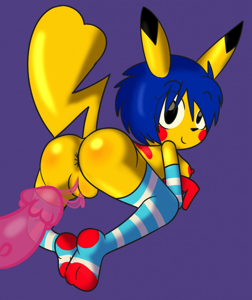 after_sex all_fours anus big_breasts big_butt big_penis blue_hair breasts butt clothing cum cum_string elbow_gloves female gloves goo hair huge_butt legwear looking_at_viewer looking_back male male/female nintendo penis pikachu pok&eacute;mon pussy rear_view smile socks spread_legs spreading thick_thighs thigh_highs v0yser video_games voluptuous