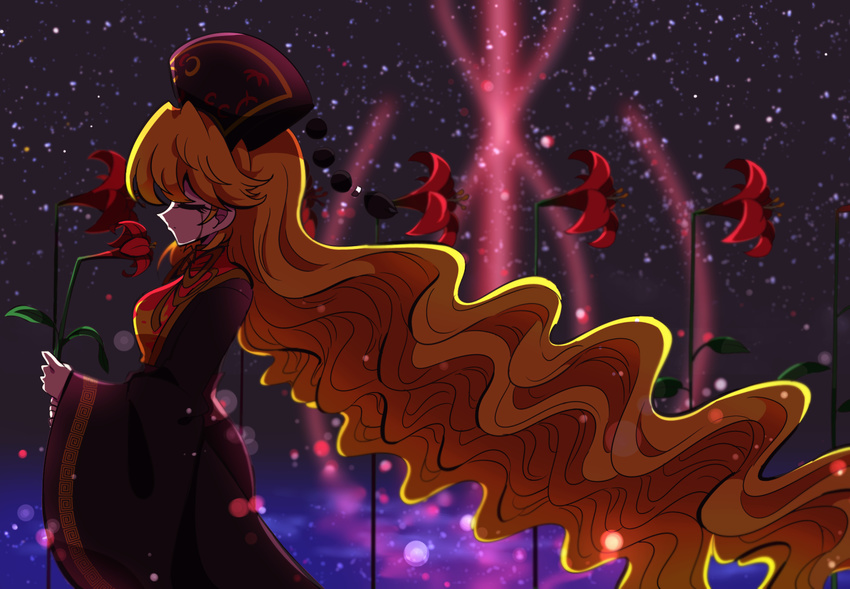 absurdly_long_hair blonde_hair chinese_clothes closed_eyes commentary_request crying dress flower hat holding holding_flower junko_(touhou) kyapinetzu lily_(flower) long_hair red_flower ribbon sky smelling_flower solo star_(sky) starry_sky streaming_tears tabard tears touhou very_long_hair wide_sleeves